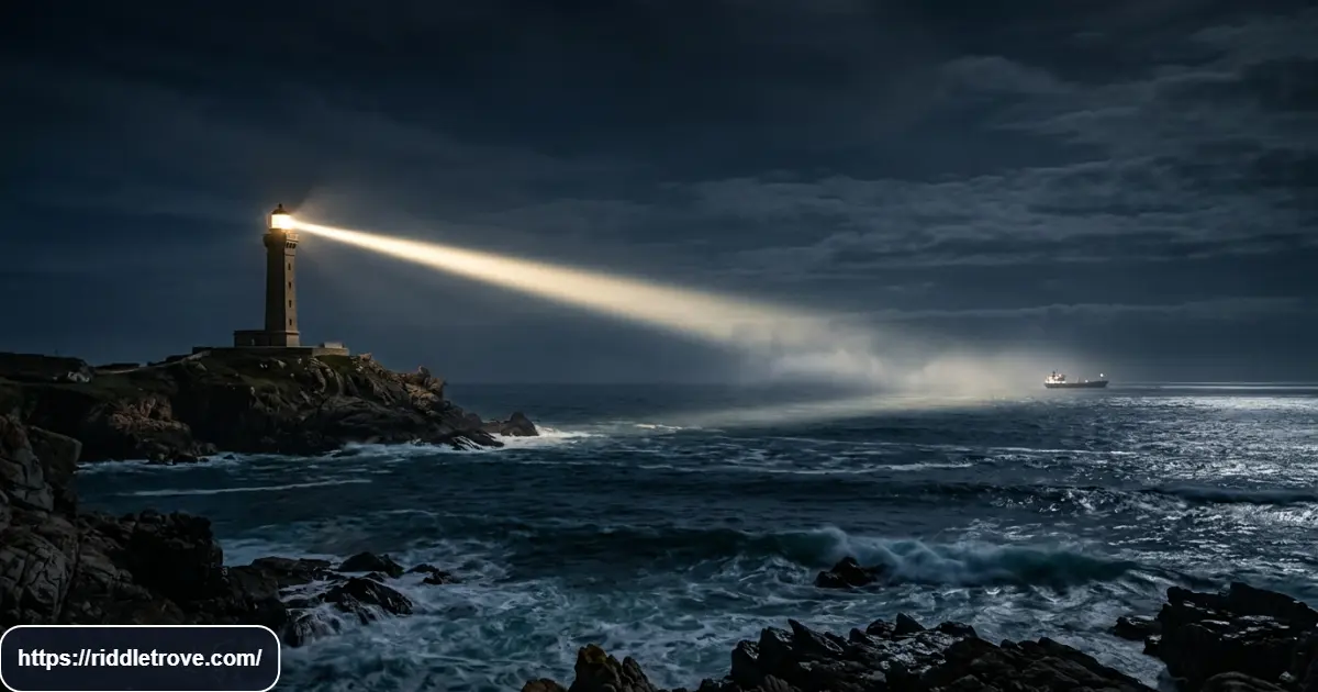 Lighthouse beacon guiding a distant ship through a dark coastal passage