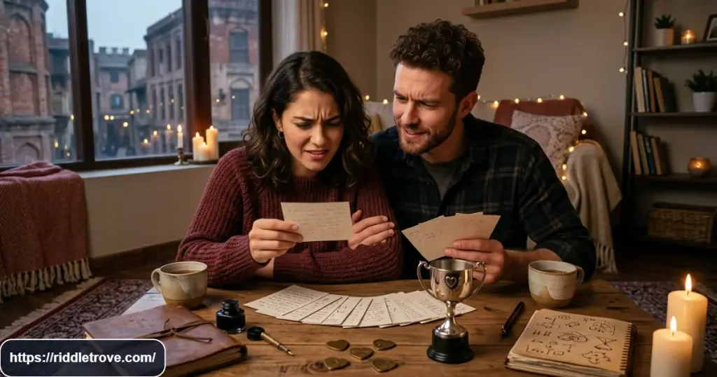 Couple solving a challenging final love riddle competition with puzzle cards