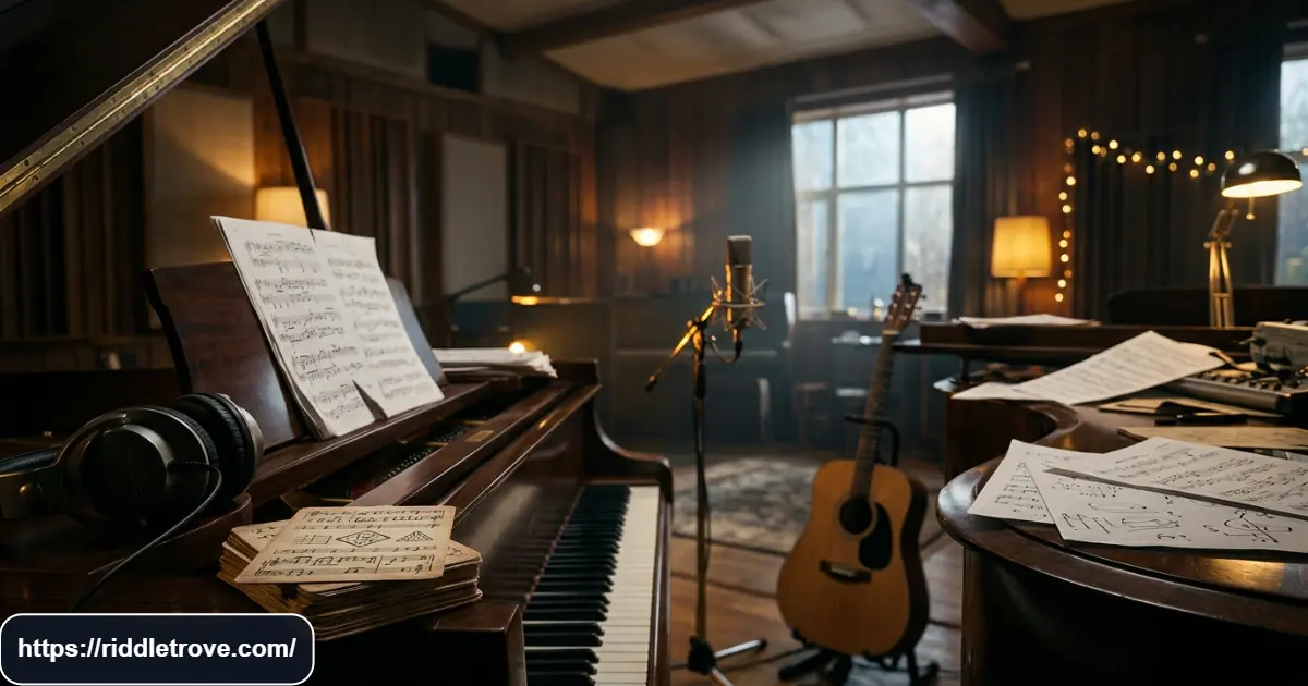 Final music riddle challenge with instruments, puzzle cards, and musical notation