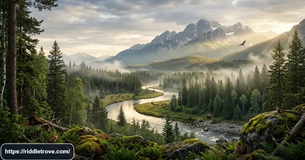 Epic natural landscape combining forest, river, mountain, wildlife, and sky
