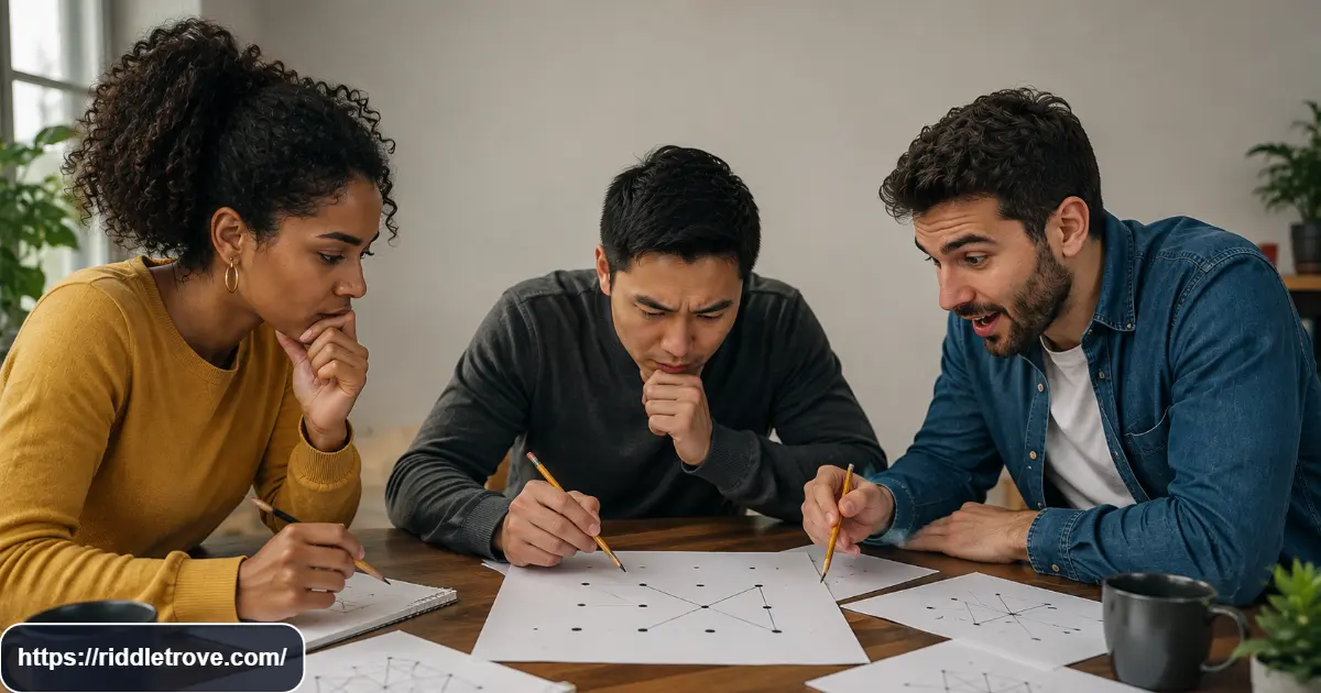 Three adults solving the final nine dots challenge with pencils and puzzle attempts