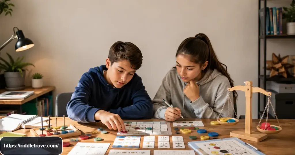 Older kids tackling a difficult final brain teaser challenge