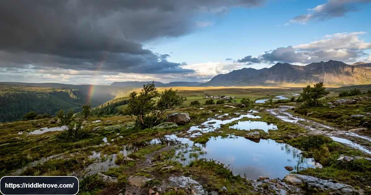 Stormy rain clouds over a colorful landscape for a final riddle challenge