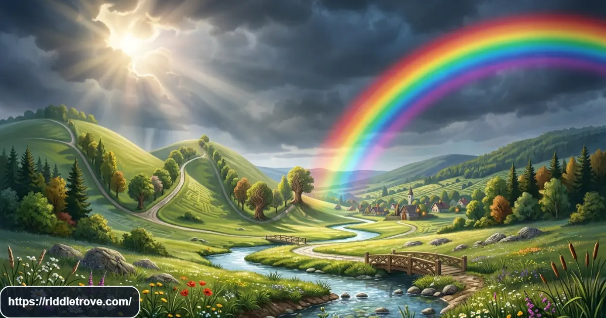 Dramatic rainbow over landscape representing a final riddle challenge