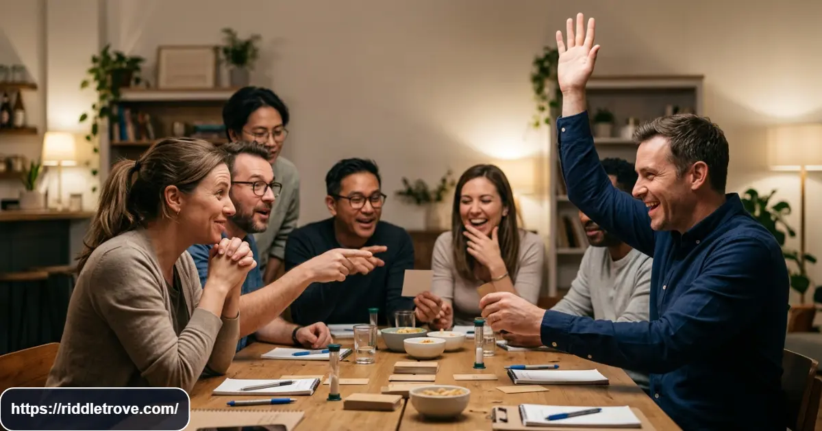 Friends competing in a final hilarious riddle challenge with excited expressions