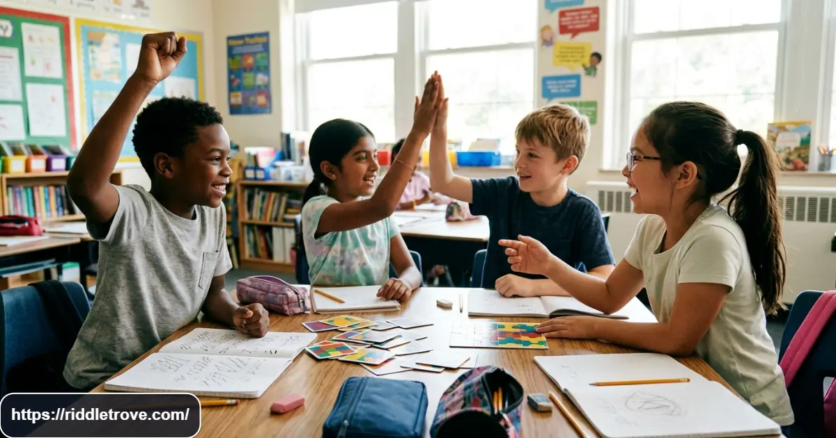 Fourth graders celebrating after solving a challenging final riddle together