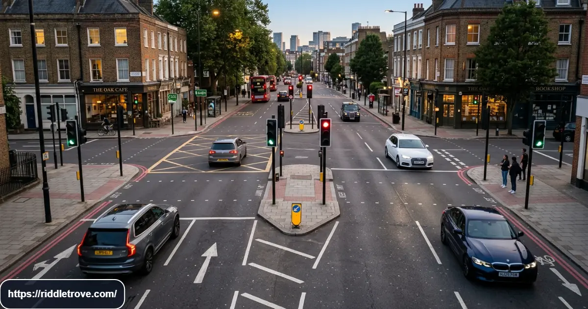 Four cars at a complex intersection representing a final traffic brain teaser