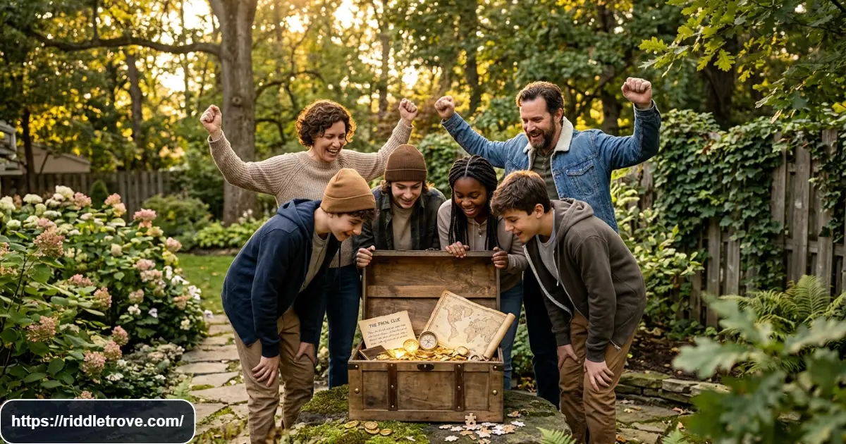 Teens and adults solving a final treasure hunt riddle beside an open treasure chest