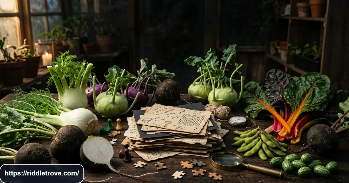 Challenging vegetable puzzle cards surrounded by unusual fresh vegetables