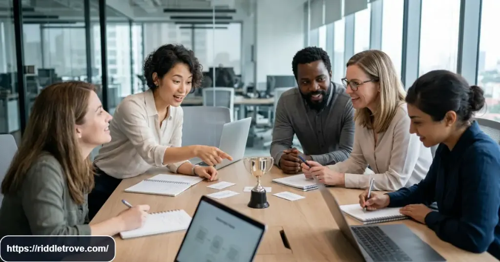 Coworkers competing to solve a final work riddle challenge together