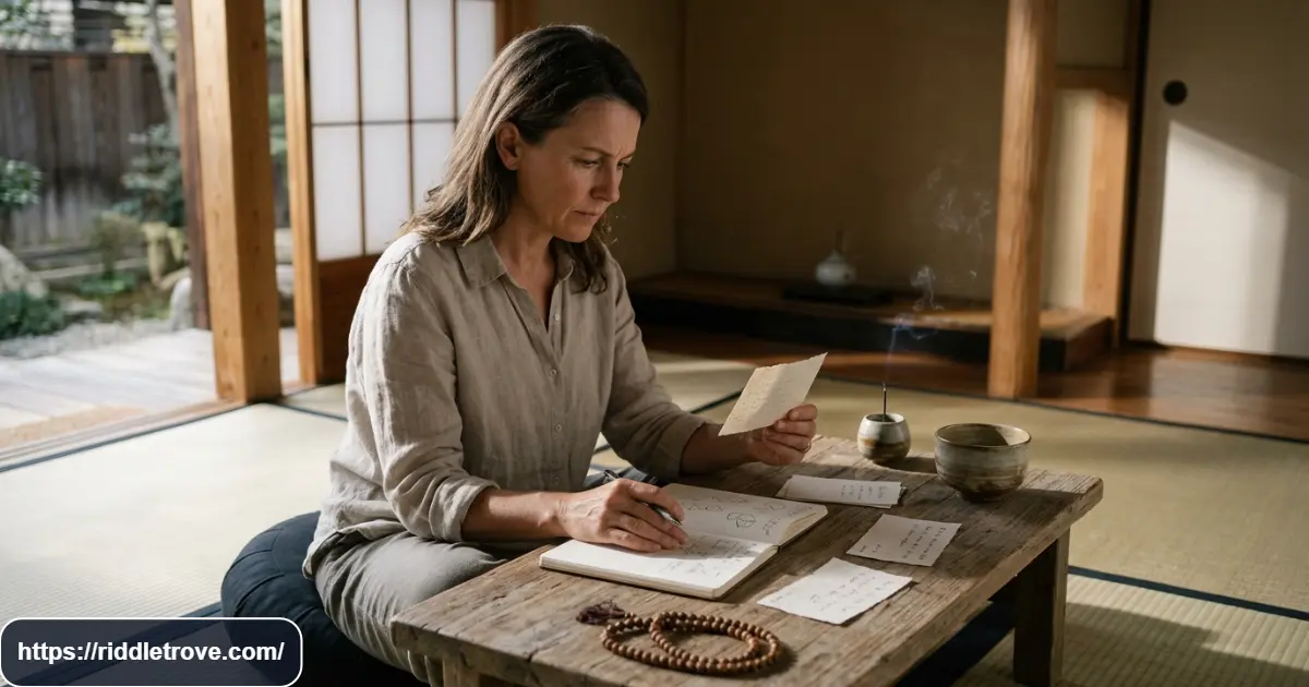 Adult puzzle enthusiast solving a difficult Zen riddle in quiet surroundings