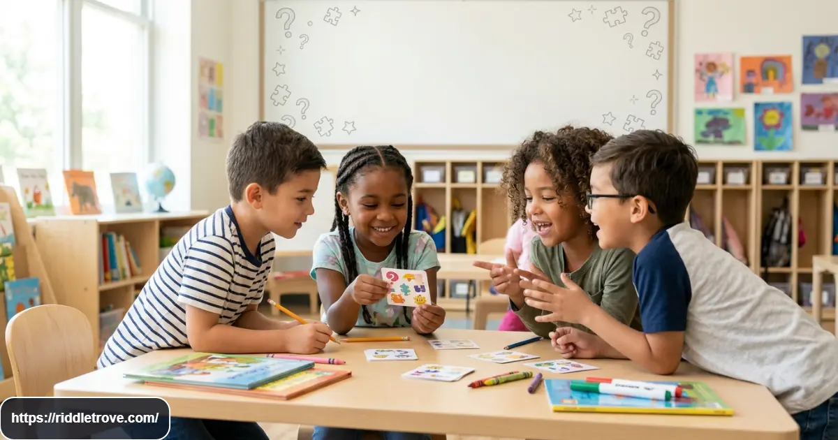 First graders solving fun riddles together in a bright classroom