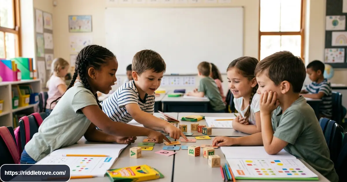 First graders solving simple wordplay riddles with colorful puzzle cards