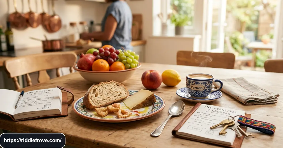 Spanish food and everyday object riddles with fruit, kitchen items, and household objects on a table