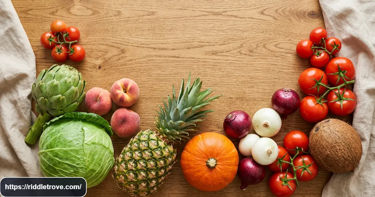 Colorful fruits and vegetables representing food and plant heart riddles