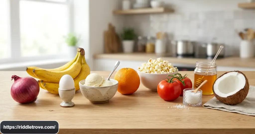 Colorful fruits and kitchen foods representing short riddles