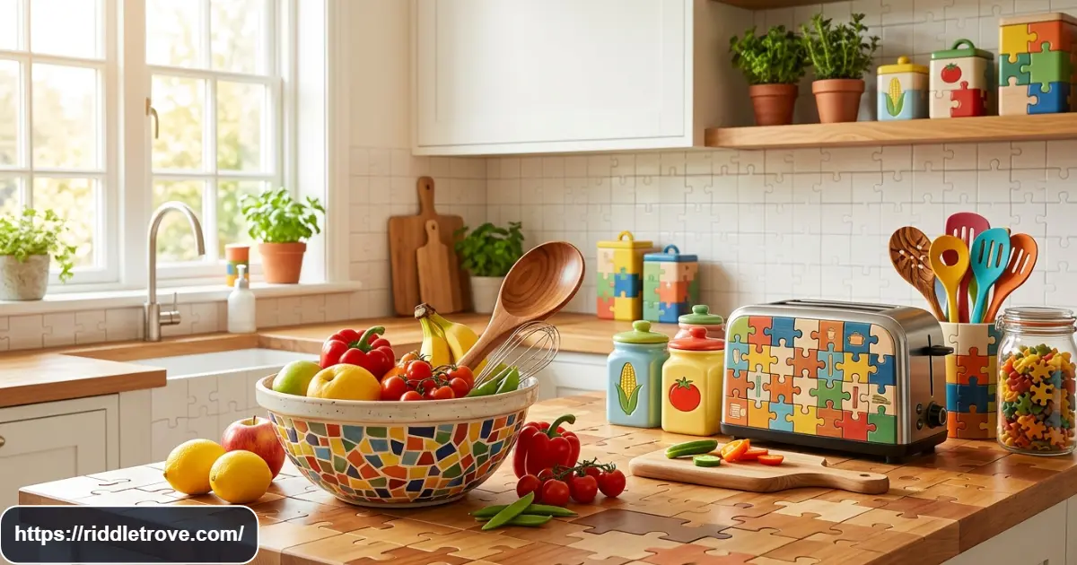 Food and kitchen items arranged for a fun riddle puzzle