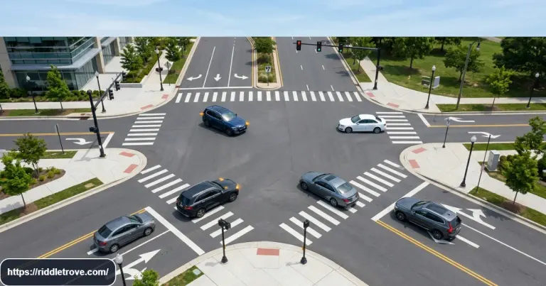 Four cars approaching a four-way stop for a tricky logic riddle