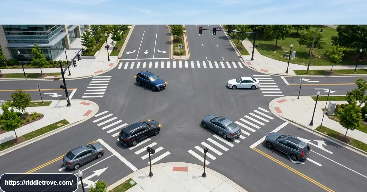 Four cars approaching a four-way stop for a tricky logic riddle