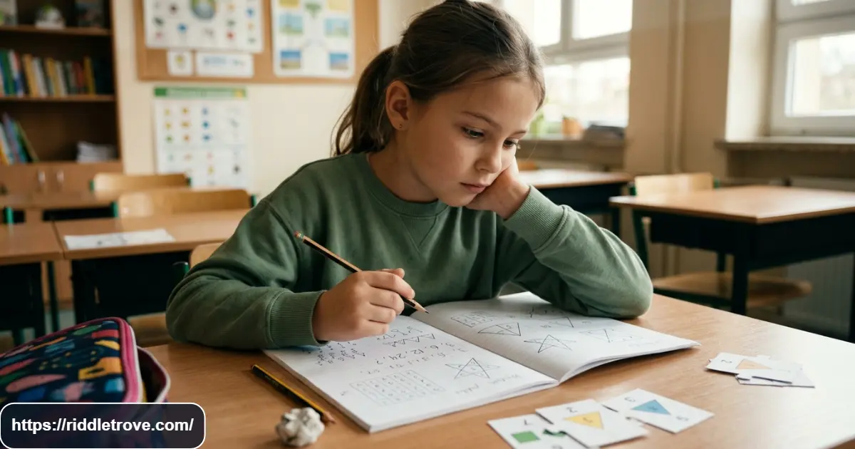 Fourth grader solving a number riddle with pencil and notebook at a desk
