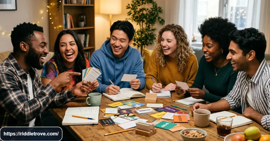 Friends laughing while solving playful riddles together at a table
