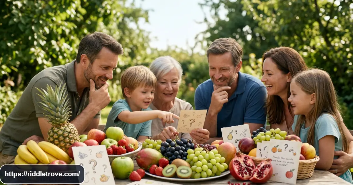 Colorful fruit riddle puzzle with apples, bananas, berries, and question cards