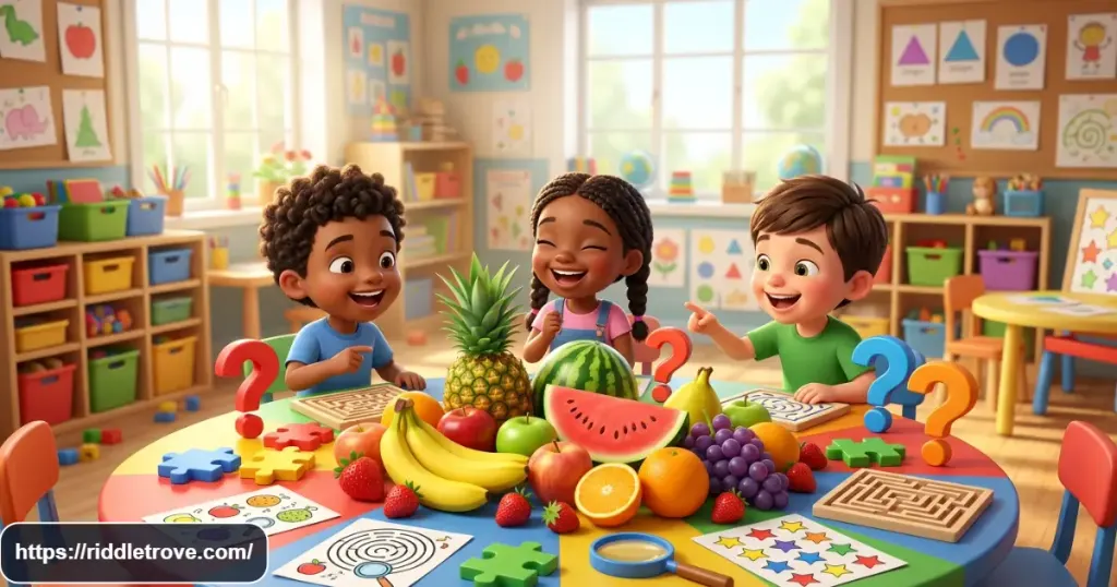 Colorful fruits and puzzle pieces creating a fun fruit riddles scene for kids