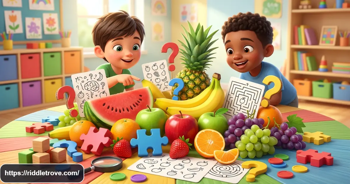 Colorful fruits and puzzle pieces creating a fun fruit riddles scene for kids