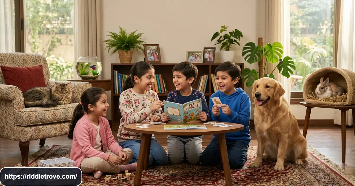 Kids enjoying colorful pet animal riddles with playful cats, dogs, and rabbits