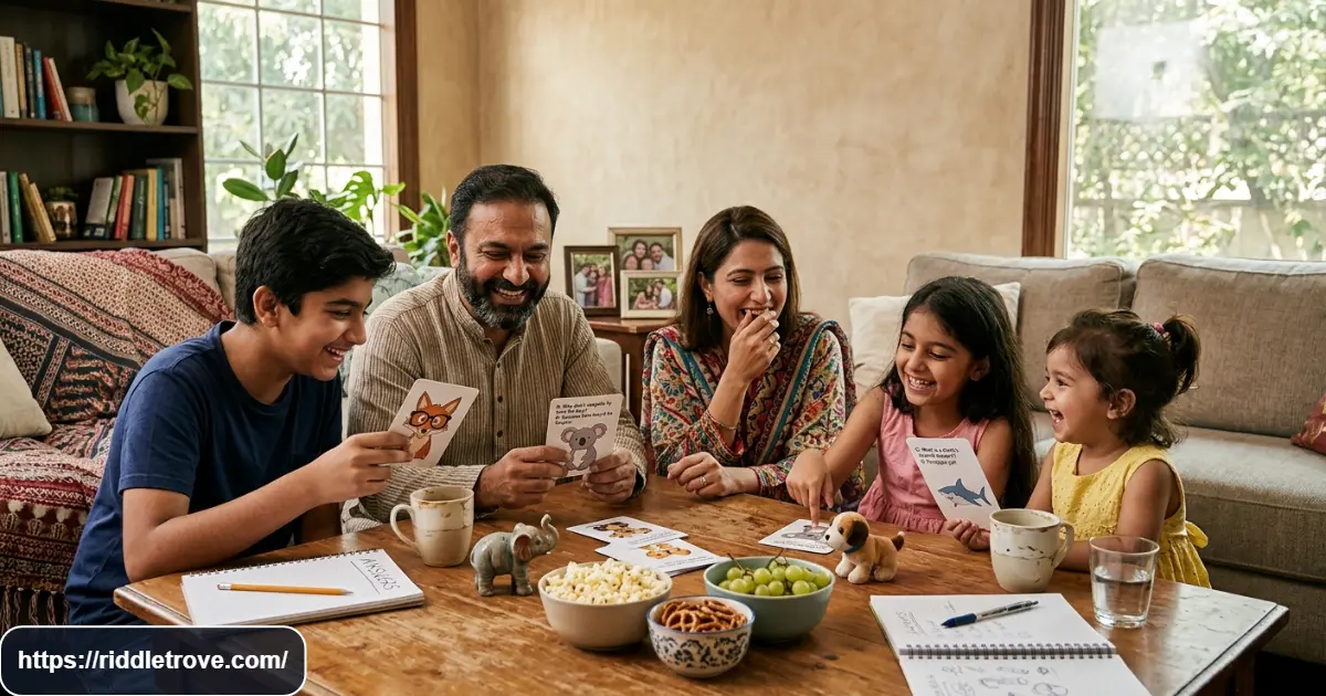 Family laughing while solving funny animal riddles during a game night