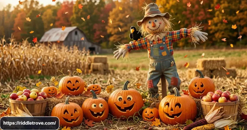 Funny autumn scene with pumpkins, colorful leaves, apples, corn, and a scarecrow