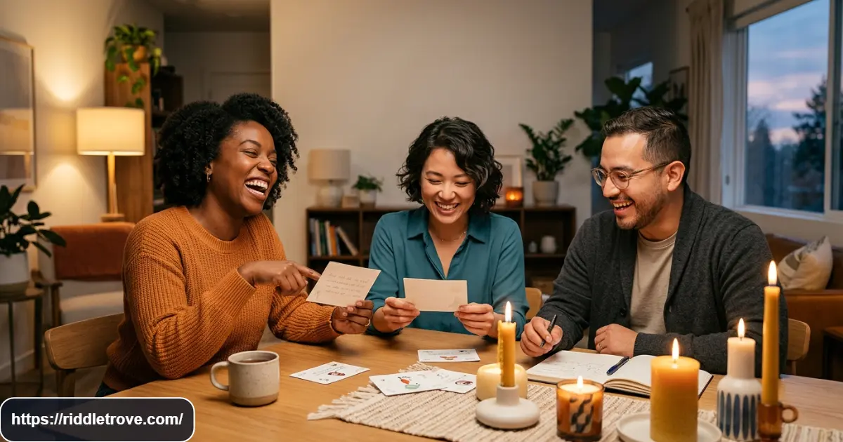 Friends laughing while solving funny candle riddles with glowing candles and clue cards