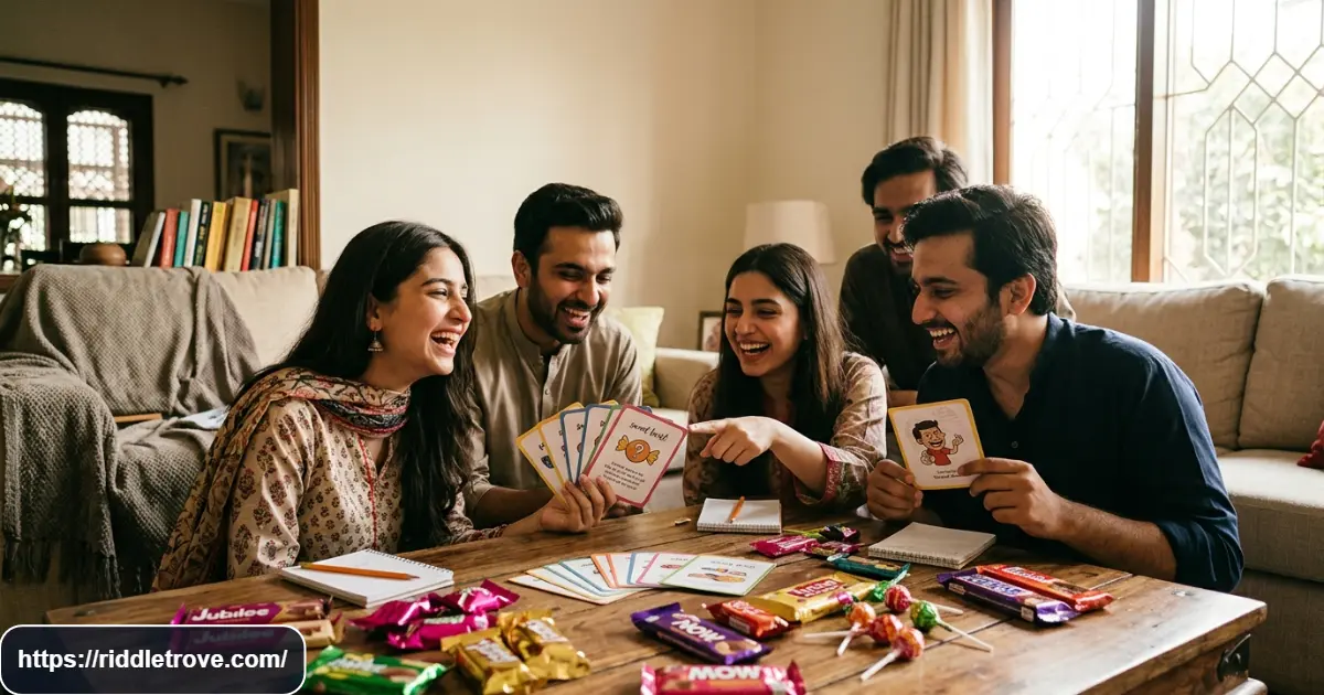 Friends laughing while solving funny candy riddles together