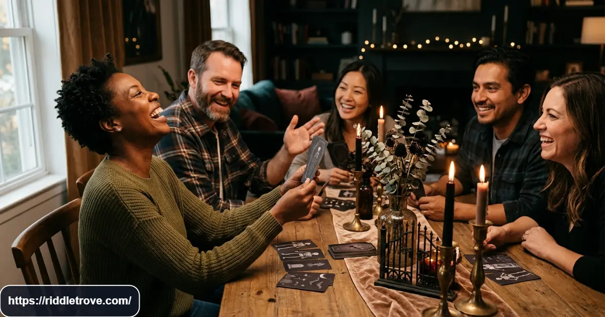 Adults laughing while solving funny dark coffin riddles together