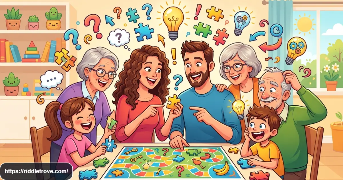 Happy family solving funny brain teasers together
