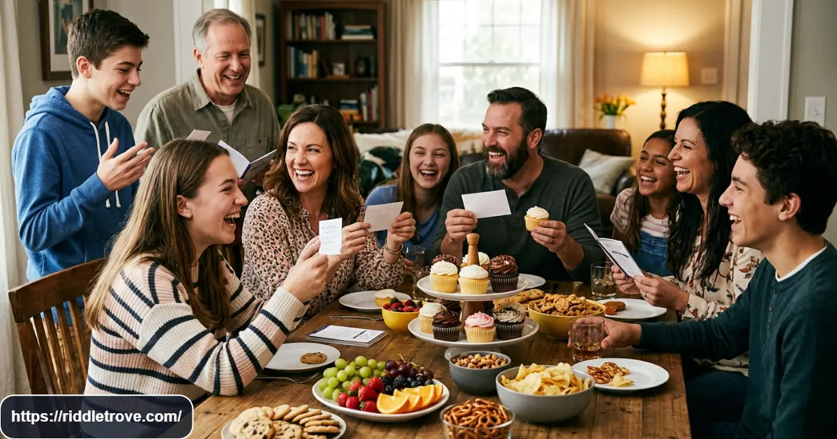Friends laughing while solving funny food riddles at a casual table