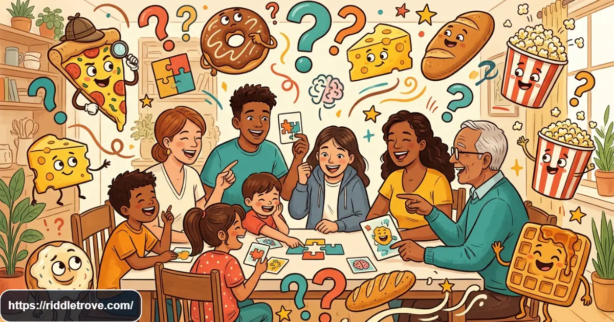 Kids and families enjoying funny food riddles and jokes with playful food illustrations