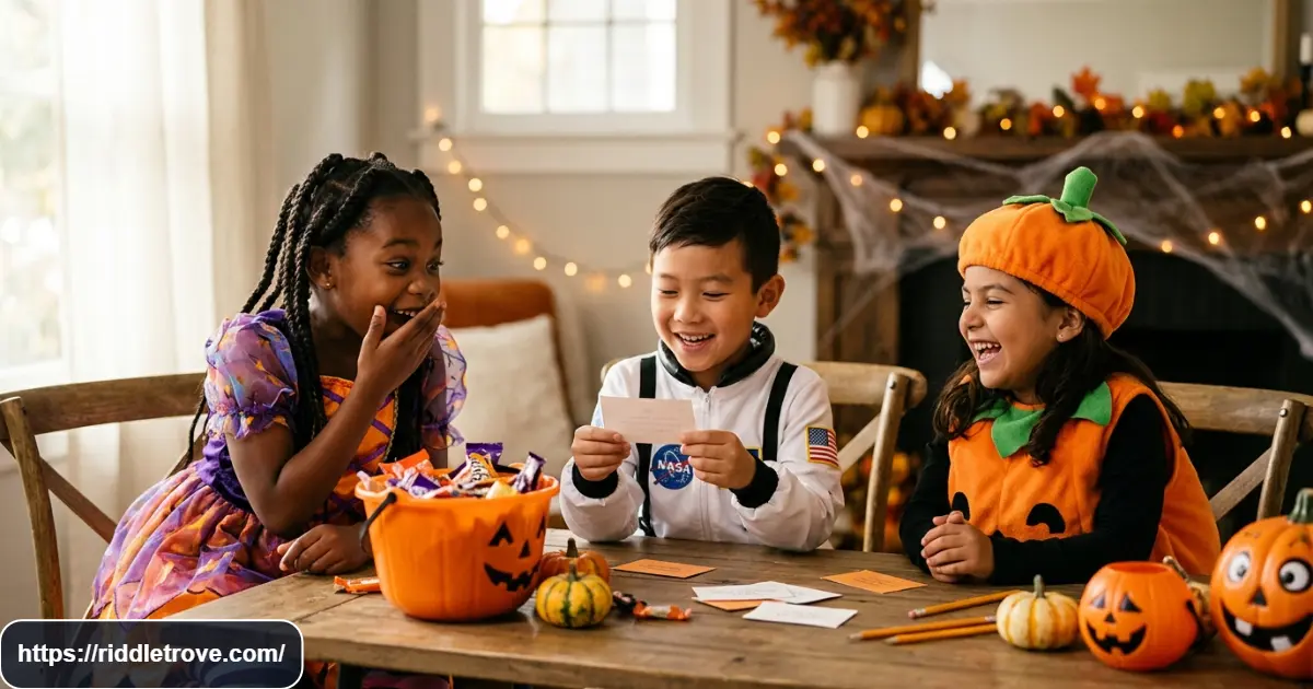 Kids laughing while solving funny Halloween riddles during a party