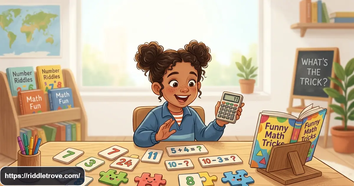 Funny math trick riddles with numbers, equations, and a playful puzzle-solving scene