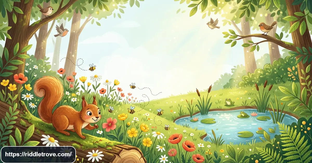 Funny nature riddles featuring playful animals, flowers, trees, and a sunny outdoor scene