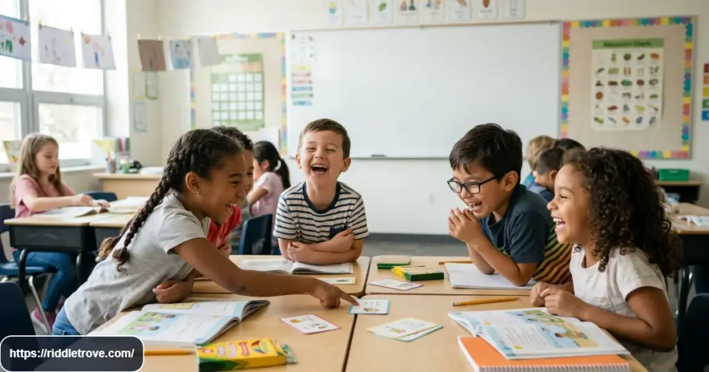 Happy first graders laughing while sharing funny riddles with classmates