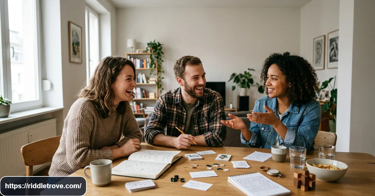 Friends laughing while solving playful funny riddles together
