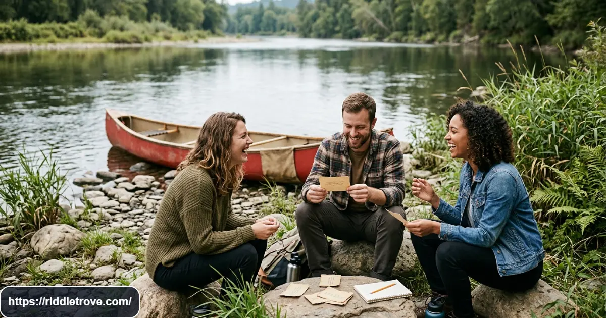 Friends laughing while solving funny river riddles beside a calm stream
