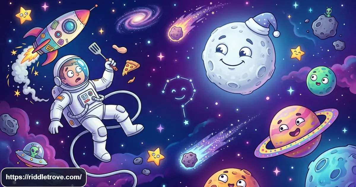 Funny space riddles featuring a playful astronaut, rocket, planets, and Moon