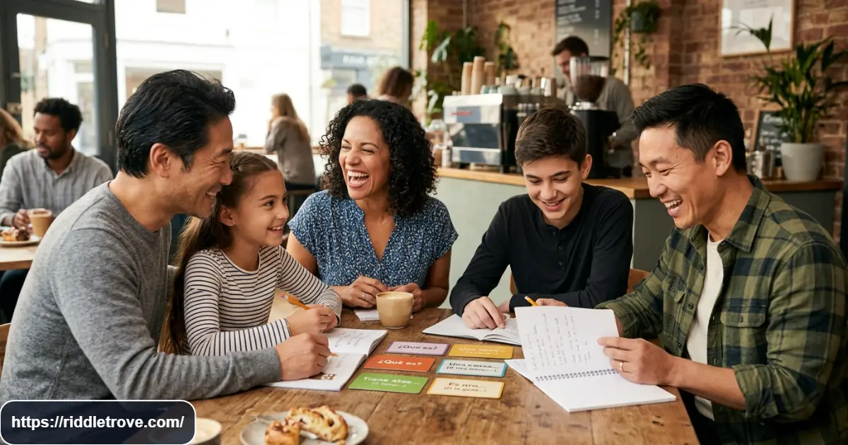 Friends laughing while solving funny Spanish riddles at a casual table