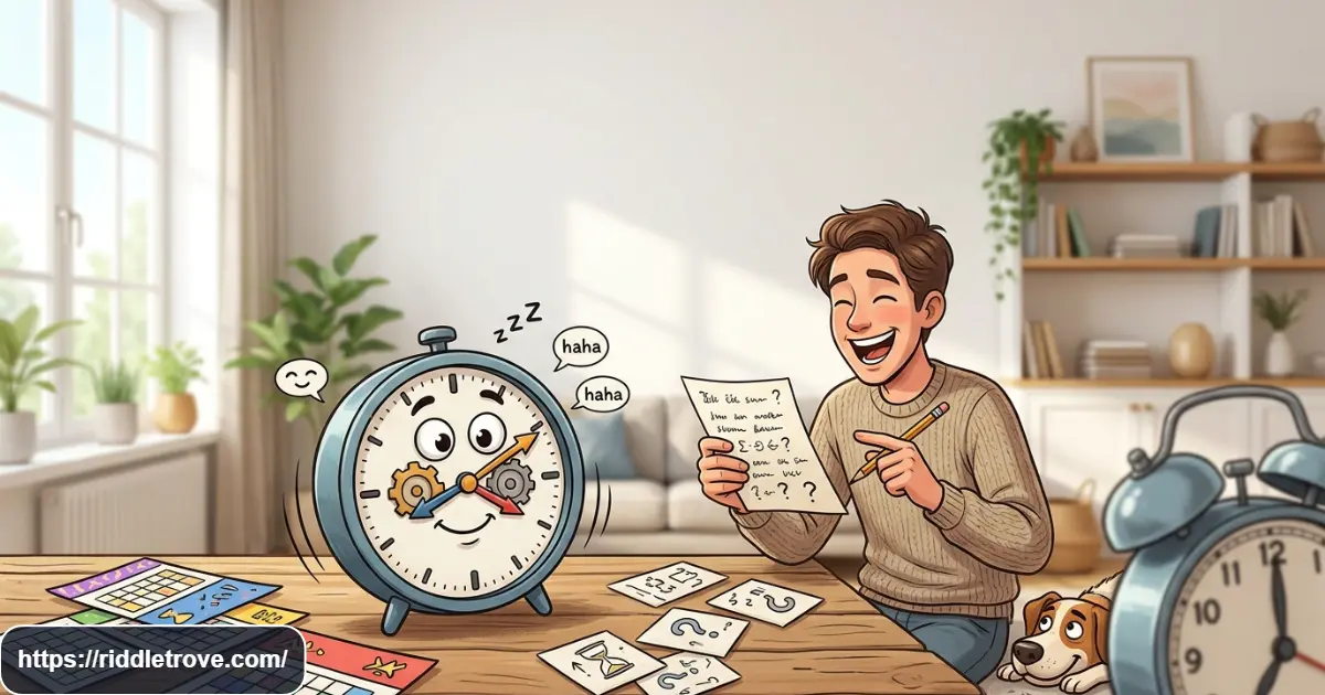 Funny time riddles with a playful clock, calendar, and puzzle clues