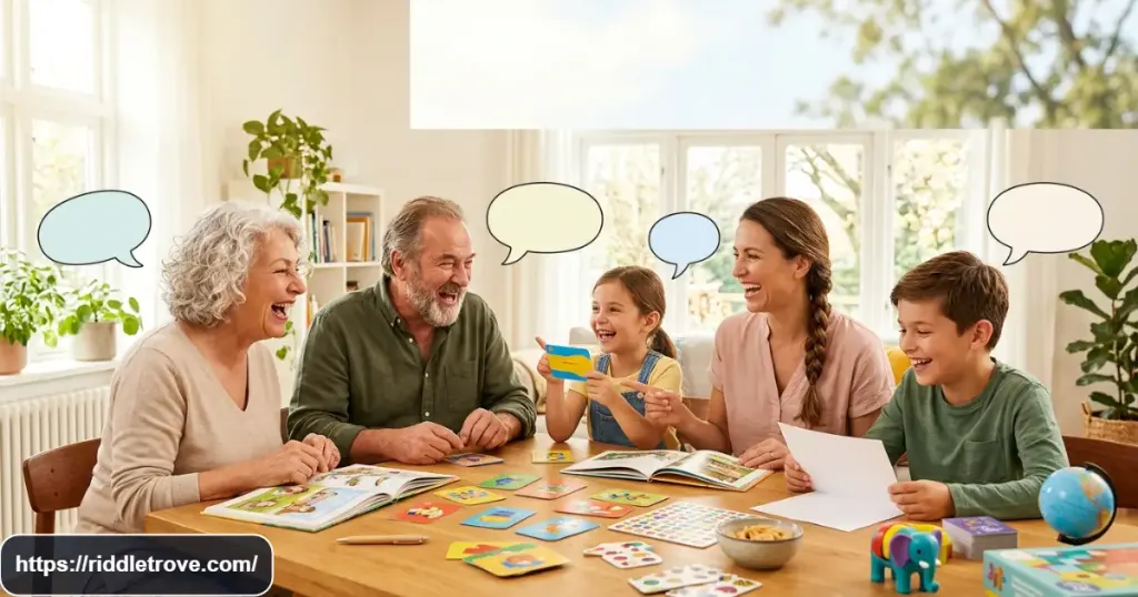 People laughing while solving funny and playful riddles together