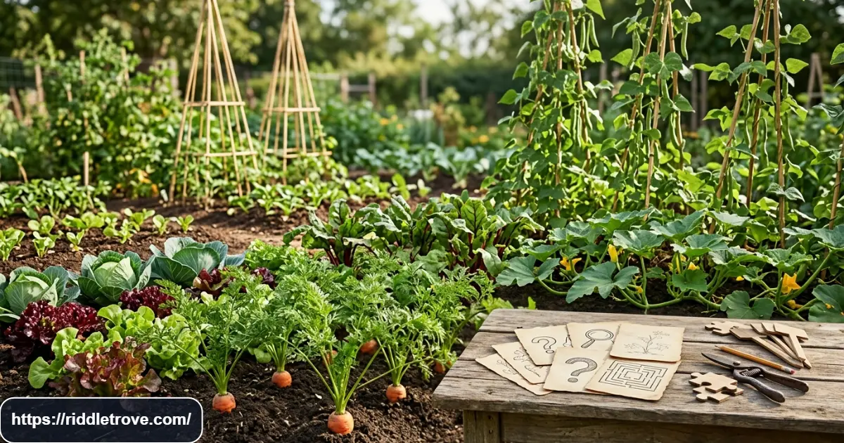 Fresh vegetables growing in a garden beside vegetable riddle clue cards