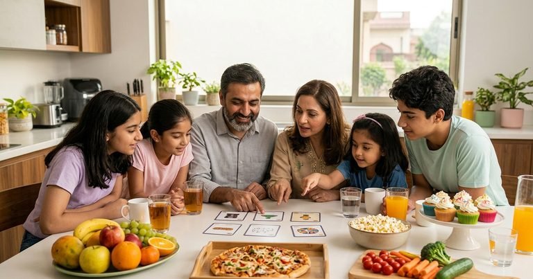 Family solving fun food riddles around a table with colorful dishes