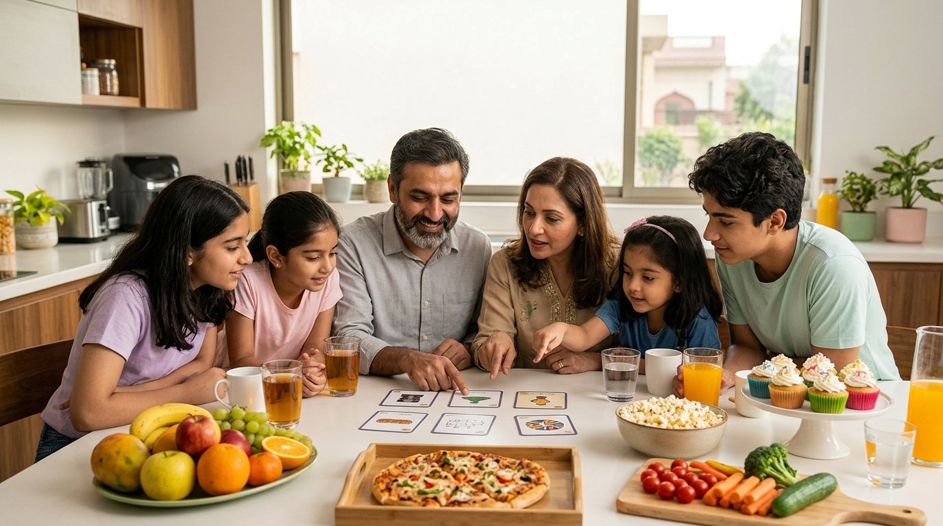 Family solving fun food riddles around a table with colorful dishes